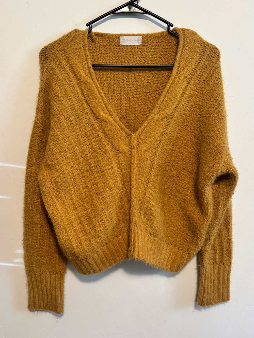 Altar'd State Mustard V-Neck Fuzzy Knit Sweater